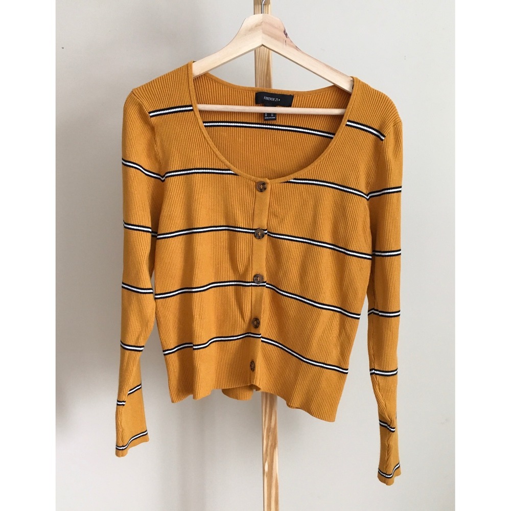 Forever 21 Mustard Yellow Striped Button Front Ribbed Knit Sweater 2X